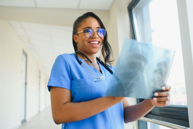 Doctor examining patient's X-ray image.