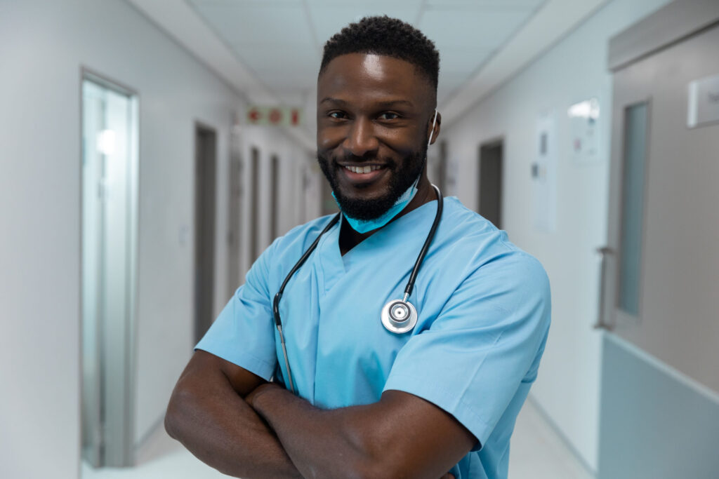 Emergency Room Nurse (ER RN) 2 Doctor in scrubs with stethoscope.