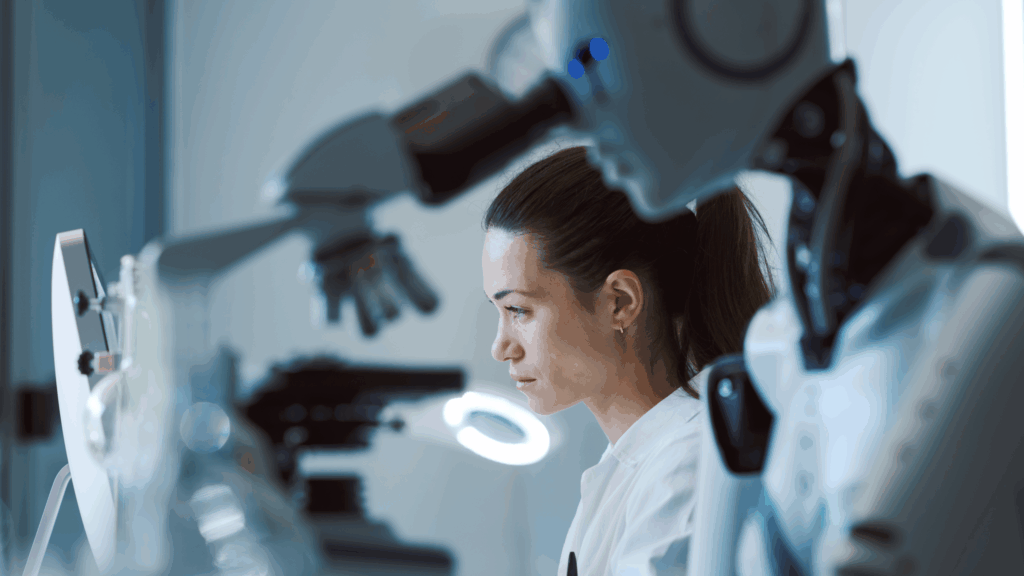 Female doctor and humanoid android working side-by-side in a lab